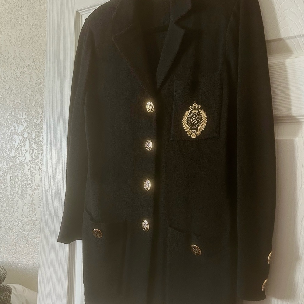 Fabulous St. John Black Knit Blazer, Gold Button Accents.  Embroidered Crest, 2.